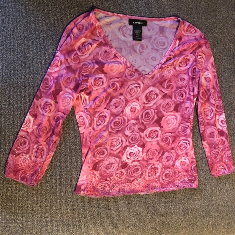 Express Beautiful Pink Rose Sheer Top